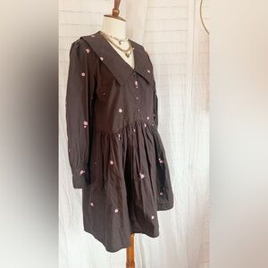 Ichi brown babydoll dress pink floral embroidered Peter Pan collar Sz 36 small